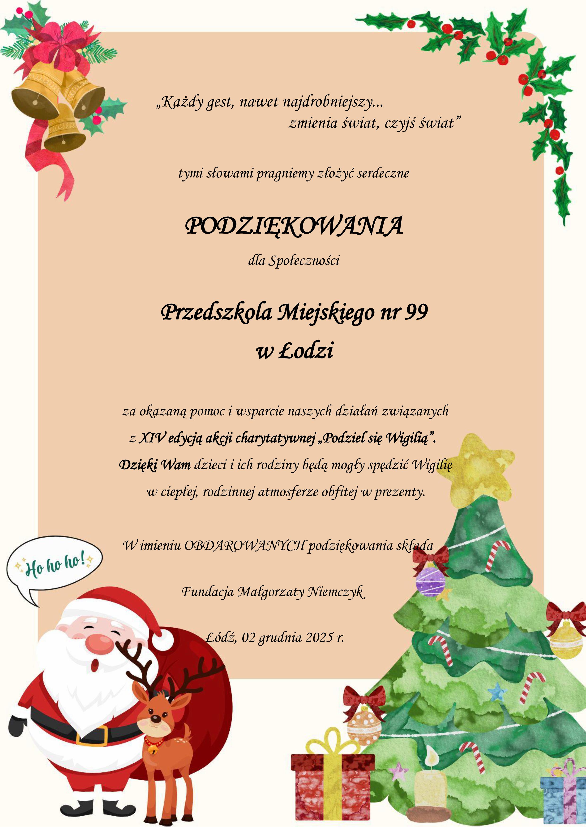 podziękowanie za udział w akcji dla pm 99 w Łodzi